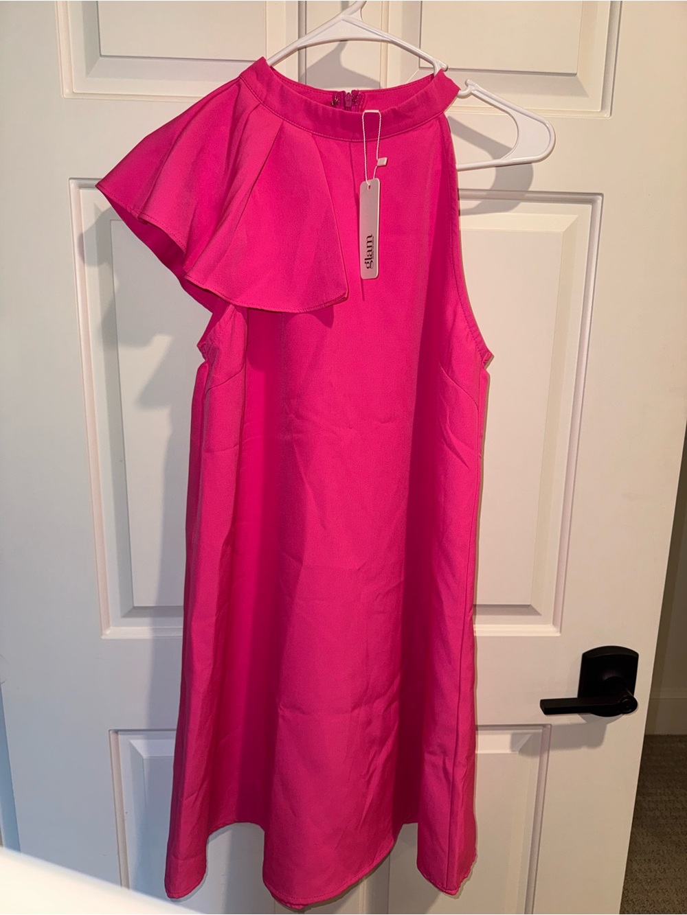 NWT Glam Small Sleeveless Ruffle-Shoulder Midi Dress in Hot Pink